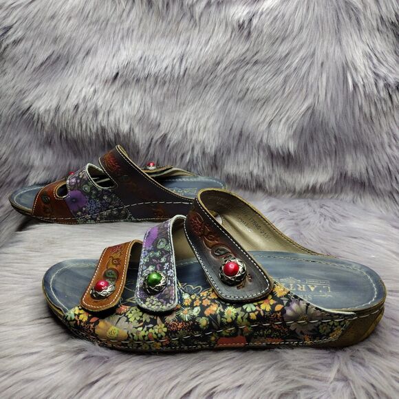 L'Artiste Spring Step Leather Sandals Womens Sz 39/ 8.5 Floral Castlewalk Wedge - Picture 1 of 7